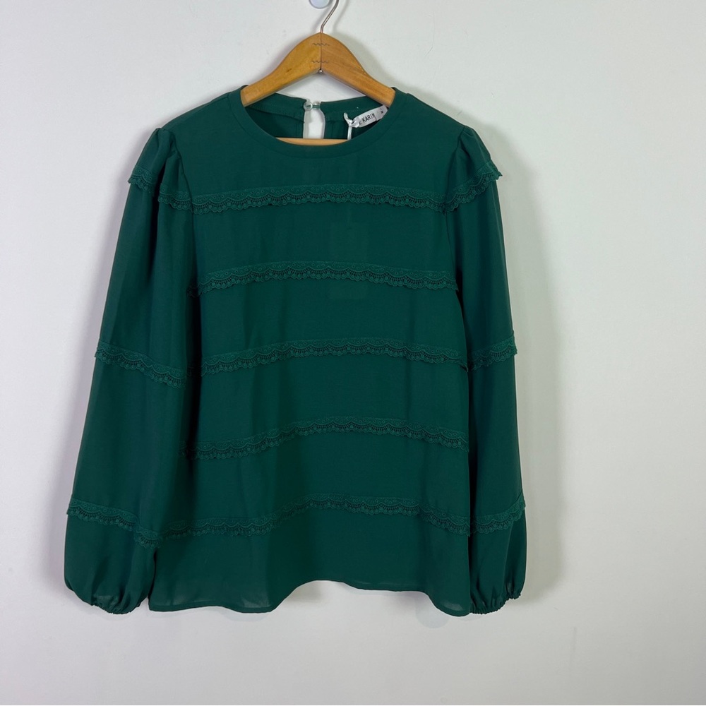 Grace Karin Women’s Green Lace Detail Long Sleeve Medium Shirt Top New Medium